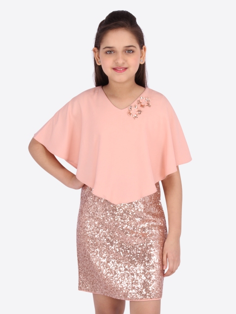 

CUTECUMBER Girls Peach-Coloured Embellished Sheath Dress