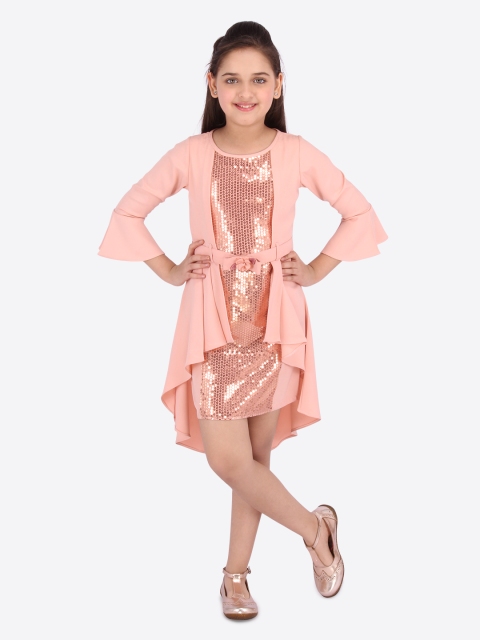 

CUTECUMBER Girls Peach-Coloured Solid Fit and Flare Dress