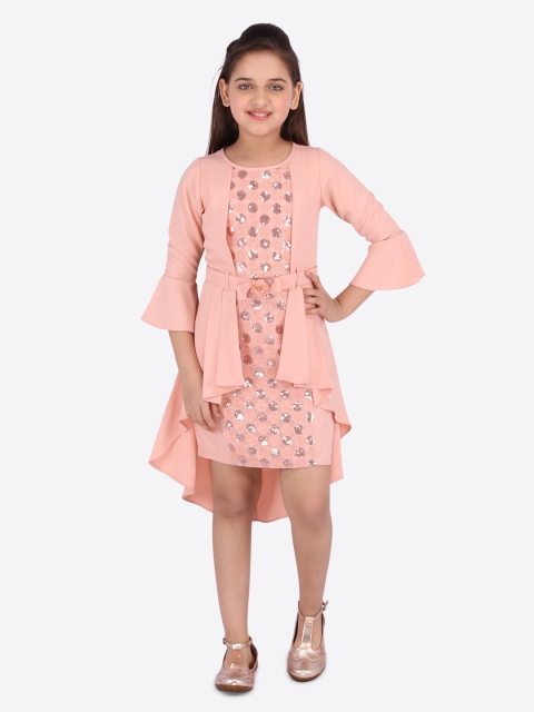 

CUTECUMBER Girls Peach-Coloured Embellished Fit and Flare Dress