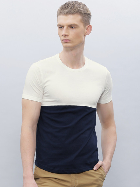 

ether Men Navy & White Colourblocked Round Neck T-shirt
