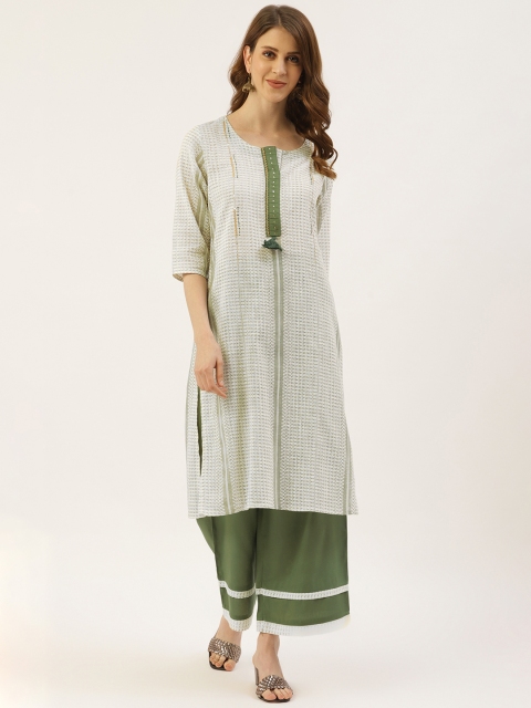 

Laabha Women Off-White & Olive Green Pure Cotton Woven Design Kurta with Palazzos