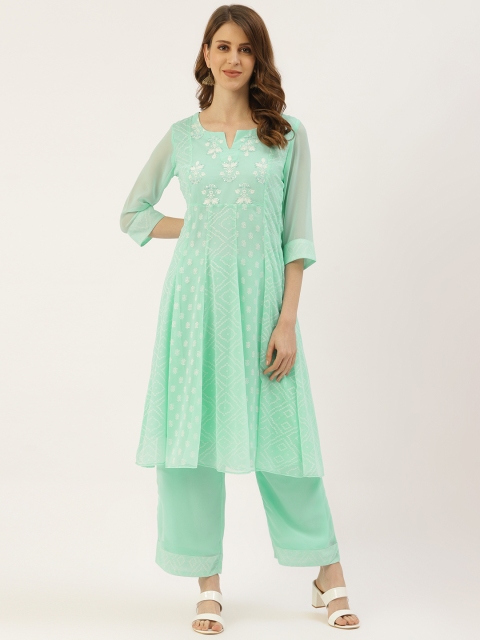 

Laabha Women Sea Green & White Printed Kurta with Palazzos