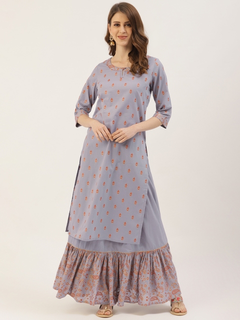 

Laabha Women Blue & Red Pure Cotton Ethnic Printed Kurta with Skirt