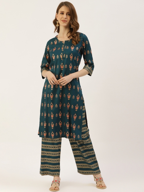 

Laabha Women Teal Green & Golden Printed Kurta with Palazzos