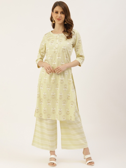 

Laabha Women Cream-Coloured & White Ethnic Printed Kurta with Palazzos