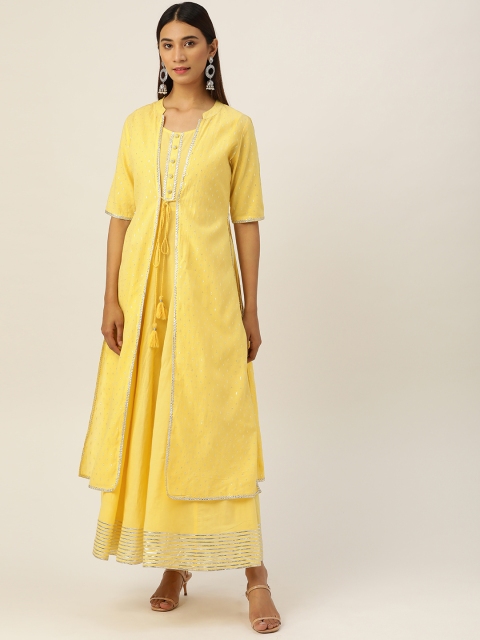 

Laabha Women Yellow & Silver Ethnic Motifs Printed A-Line Layered Dress