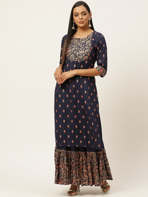 

Laabha Women Navy Blue & Red Ethnic Printed Kurta with Skirt
