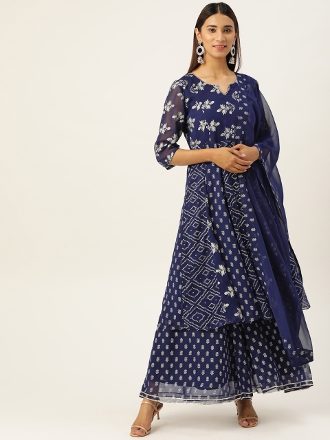 

Laabha Women Navy Blue & White Printed Kurta with Sharara & Dupatta