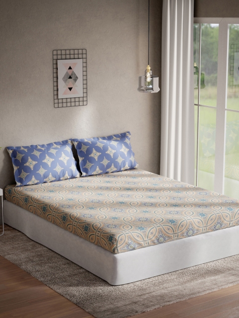 

DDecor Blue & Beige Ethnic Printed 144 TC Cotton King Bedsheet With 2 Pillow Covers
