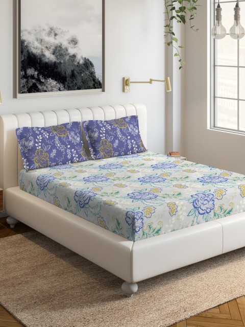

DDecor Blue & White Floral 144 TC Cotton 1 Queen Bedsheet with 2 Pillow Covers