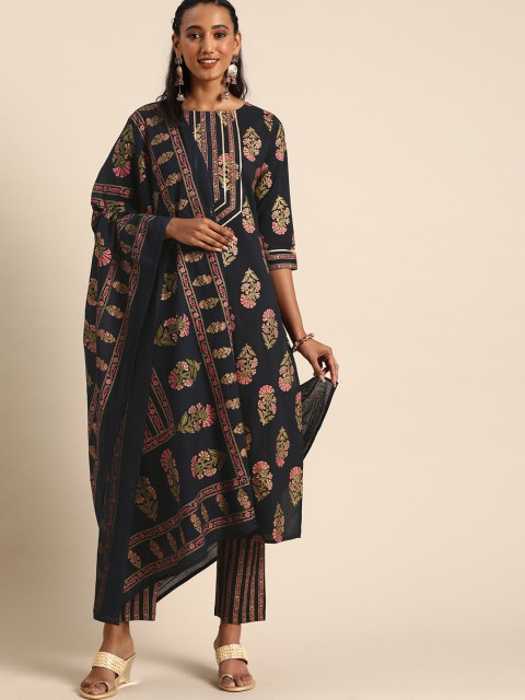 

Rajnandini Women Navy Blue & Pink Foil Printed Kurta with Trousers & Dupatta