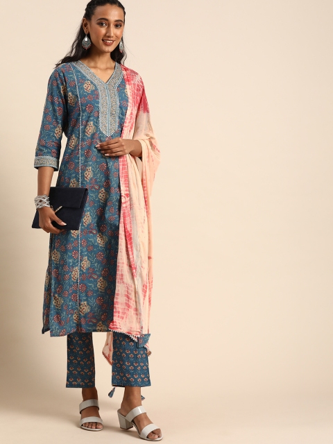 

Rajnandini Women Blue & Beige Foil Printed Kurta with Trousers & Dupatta
