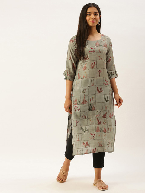 

7Threads Women Grey & Pink Ethnic Motif Print Roll-Up Sleeves Kurta