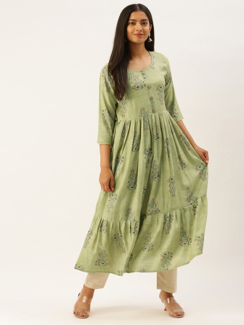 

7Threads Women Green & Pink Ethnic Motif Print A-Line Kurta