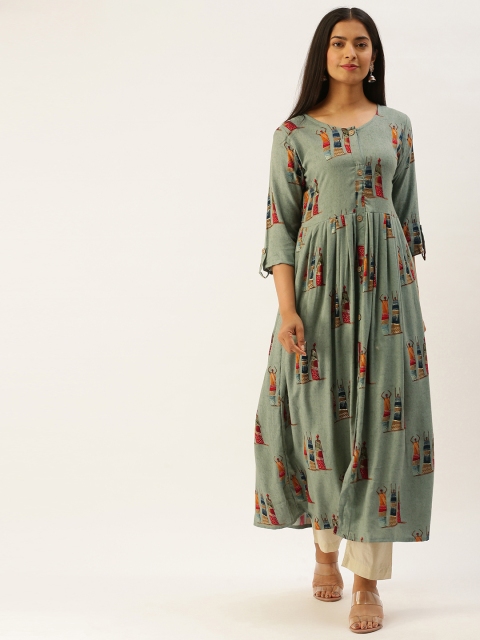

7Threads Women Green & Red Ethnic Motif Print A-Line Kurta