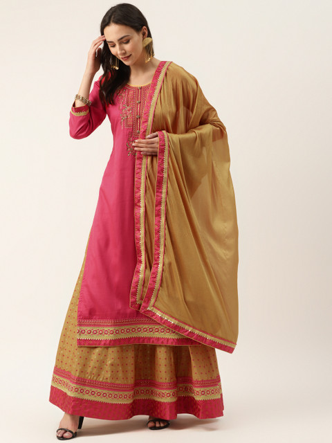 

Kvsfab Pink & Mustard Yellow Jam Silk Embroidered Semi-Stitched Dress Material