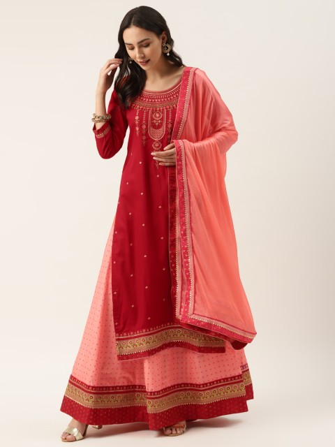 

Kvsfab Red & Peach-Coloured Jam Silk Embroidered Semi-Stitched Dress Material