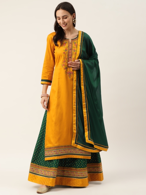 

Kvsfab Mustard Yellow & Green Jam Silk Embroidered Semi-Stitched Dress Material