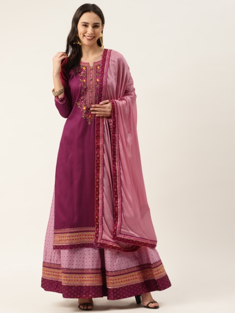 

Kvsfab Magenta & Pink Jam Silk Embroidered Semi-Stitched Dress Material