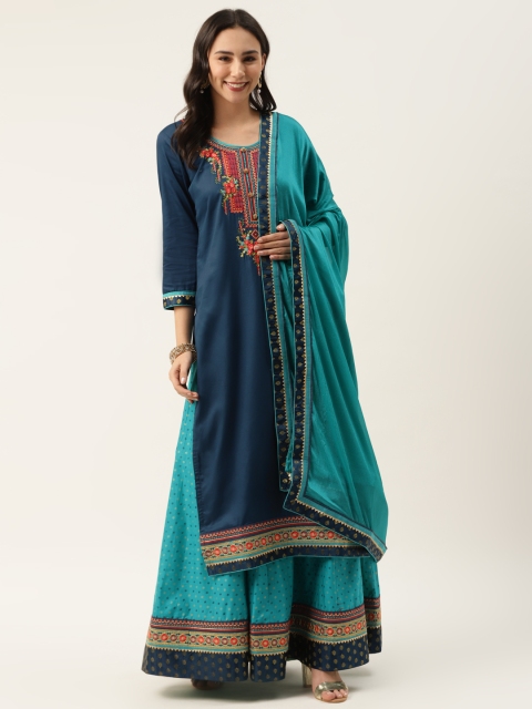 

Kvsfab Blue & Golden Jam Silk Embroidered Semi-Stitched Dress Material