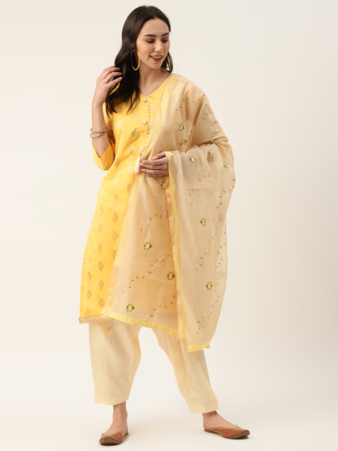 

Kvsfab Mustard Yellow & Cream-Coloured Woven Design Unstitched Dress Material