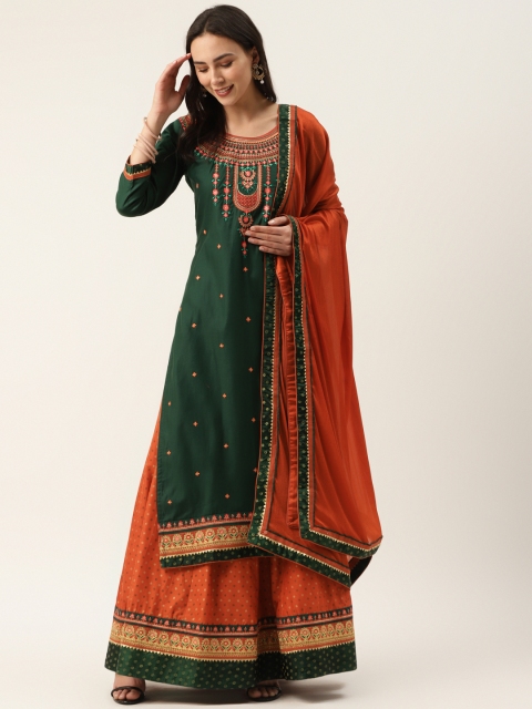 

Kvsfab Green & Rust Orange Jam Silk Embroidered Semi-Stitched Dress Material