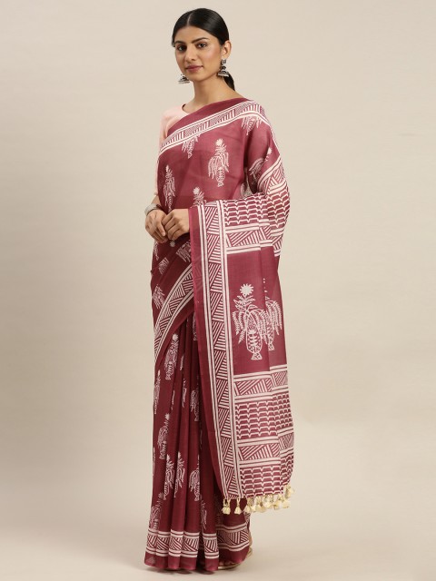 

LOOKNBOOK ART Maroon & White Linen Blend Printed Block Print Saree