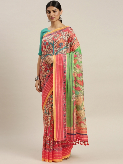 

LOOKNBOOK ART Multicoloured Linen Blend Printed Block Print Saree, Multi