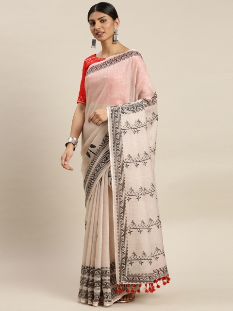 

LOOKNBOOK ART White & Black Linen Blend Printed Block Print Saree
