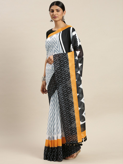 

LOOKNBOOK ART White & Black Linen Blend Printed Block Print Saree