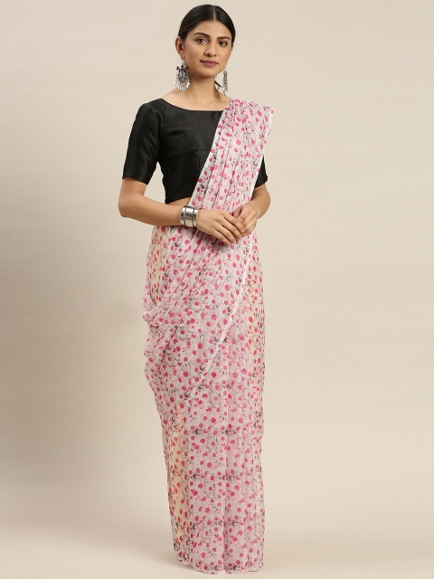 

LOOKNBOOK ART White & Red Pure Chiffon Printed Chanderi Saree