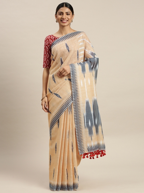 

LOOKNBOOK ART Cream-Coloured & Charcoal Grey Linen Blend Block Print Saree