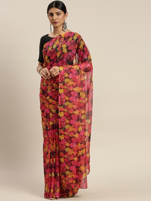 

LOOKNBOOK ART Red & Black Pure Chiffon Printed Chanderi Saree