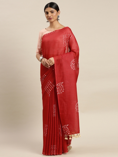 

LOOKNBOOK ART Red & White Linen Blend Printed Block Print Saree