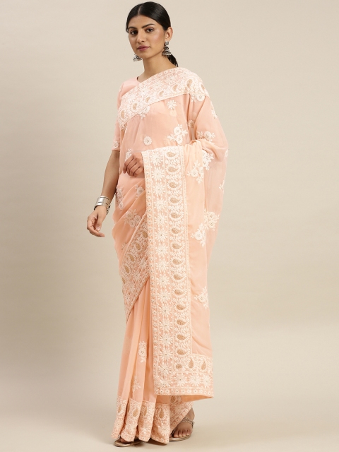 

LOOKNBOOK ART Peach-Coloured & White Poly Georgette Embroidered Chanderi Saree