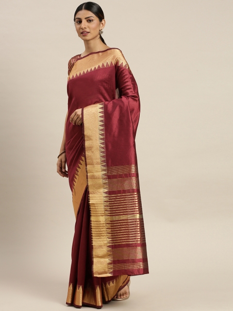 

LOOKNBOOK ART Maroon & Gold-Toned Silk Blend Solid Banarasi Saree