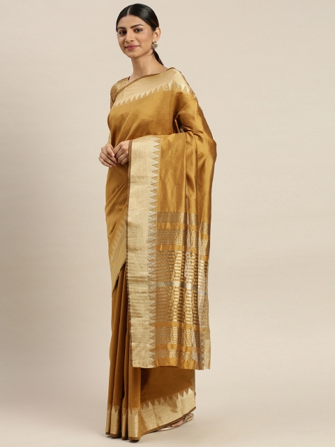 

LOOKNBOOK ART Mustard Yellow & Golden Silk Blend Solid Banarasi Saree