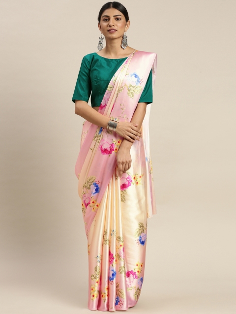

LOOKNBOOK ART Peach-Coloured & Pink Satin Printed Block Print Saree