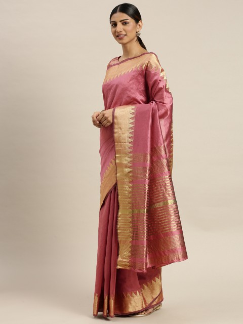 

LOOKNBOOK ART Pink & Golden Silk Blend Solid Banarasi Saree