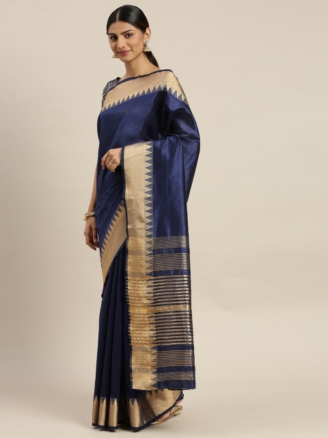 

LOOKNBOOK ART Navy Blue & Gold-Toned Silk Blend Solid Banarasi Saree