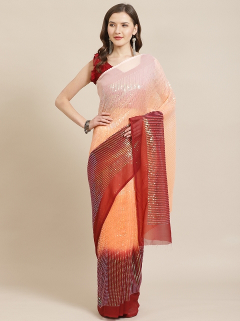

Kvsfab Orange & Maroon Embellished Ombre Saree