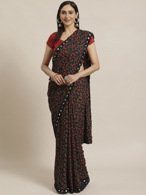 

KALINI Black & Red Pure Georgette Floral Printed Saree