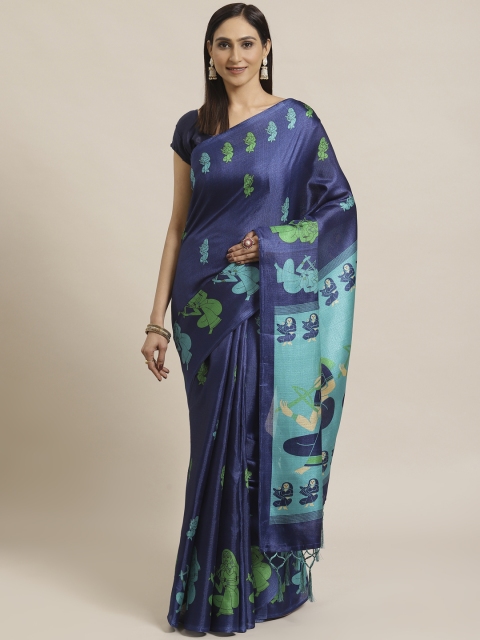 

KALINI Navy Blue & Green Kalamkari Printed Saree