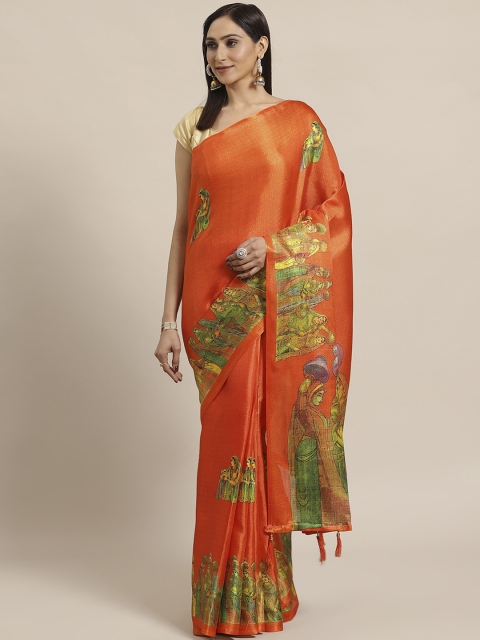 

KALINI Orange & Green Kalamkari Printed Saree