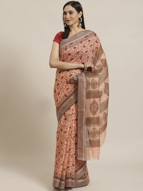 

KALINI Peach-Coloured & Green Pure Cotton Printed Saree