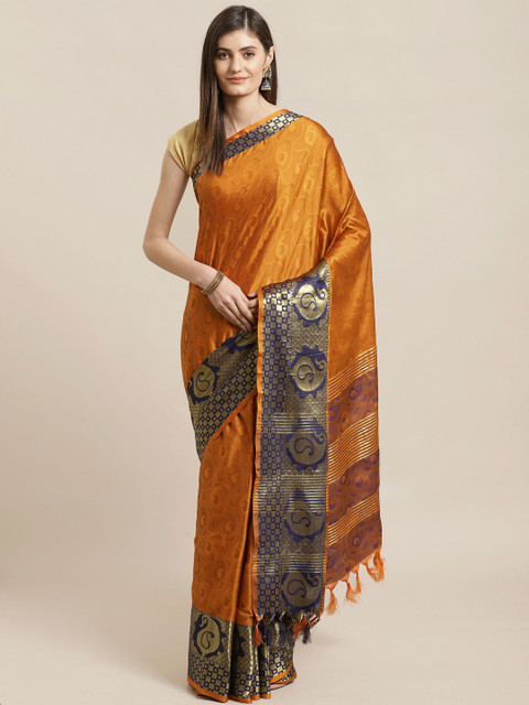 

KALINI Rust Orange & Navy Blue Paisley Printed Saree