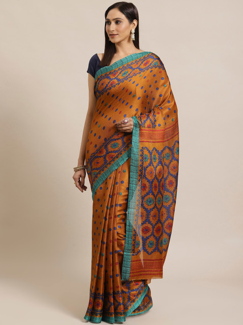 

KALINI Mustard Brown & Blue Printed Saree