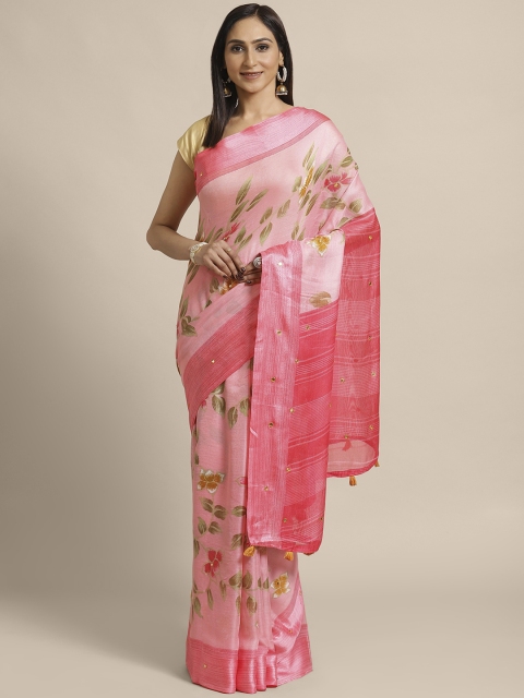 

KALINI Pink & Green Floral Printed Saree