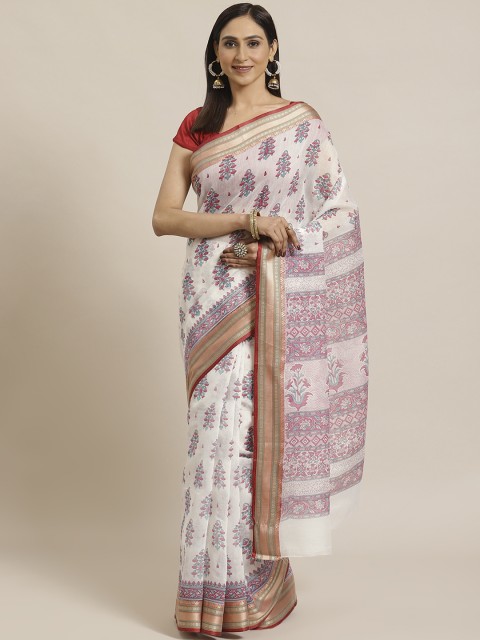 

KALINI White & Pink Pure Cotton Printed Saree
