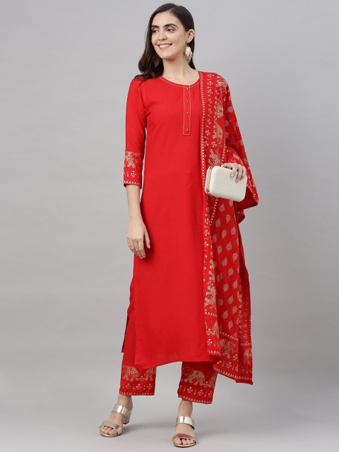 

KALINI Women Red Solid Kurta with Trousers & Dupatta